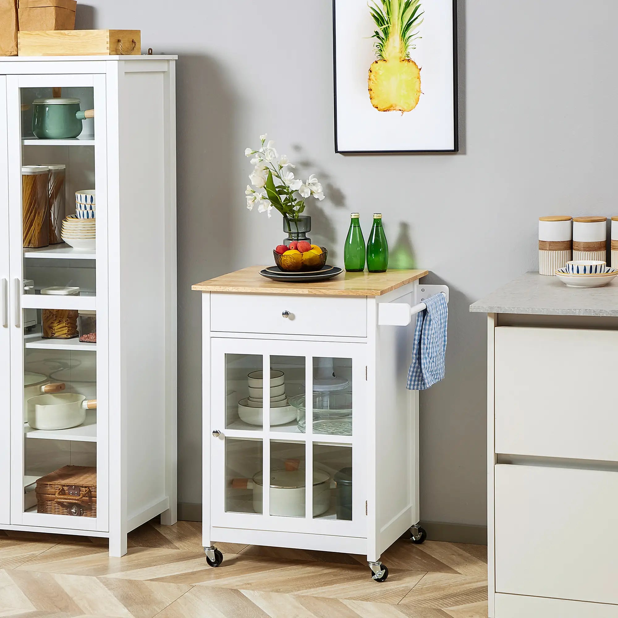 Rolling Kitchen Cart, Drawer Glass Door Cabinet, Island on Wheels, White Kitchen Islands & Kitchen Carts at Gallery Canada