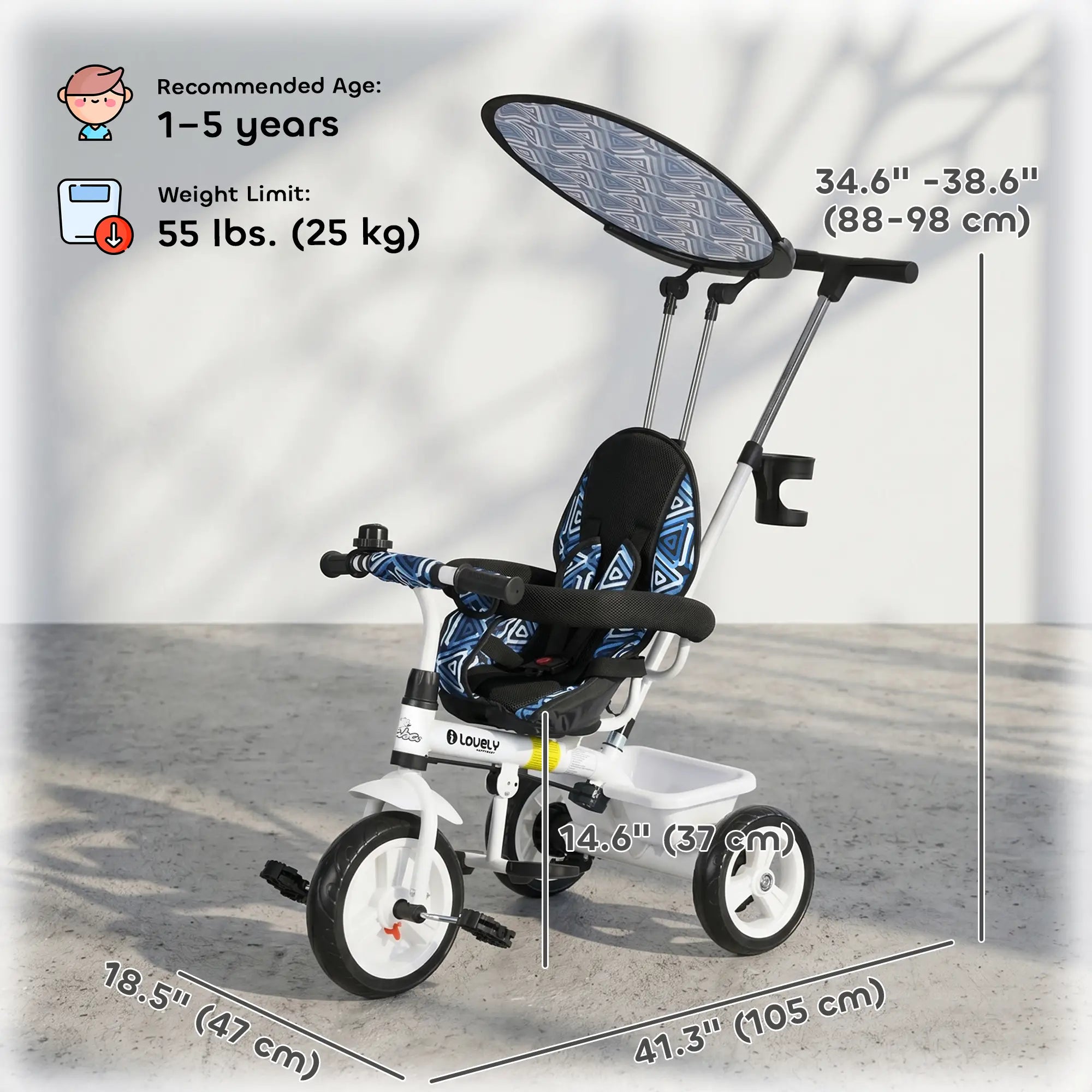 6 in 1 Kids Tricycle, Removable Handlebar, Canopy, Blue Tricycles for Kids at Gallery Canada