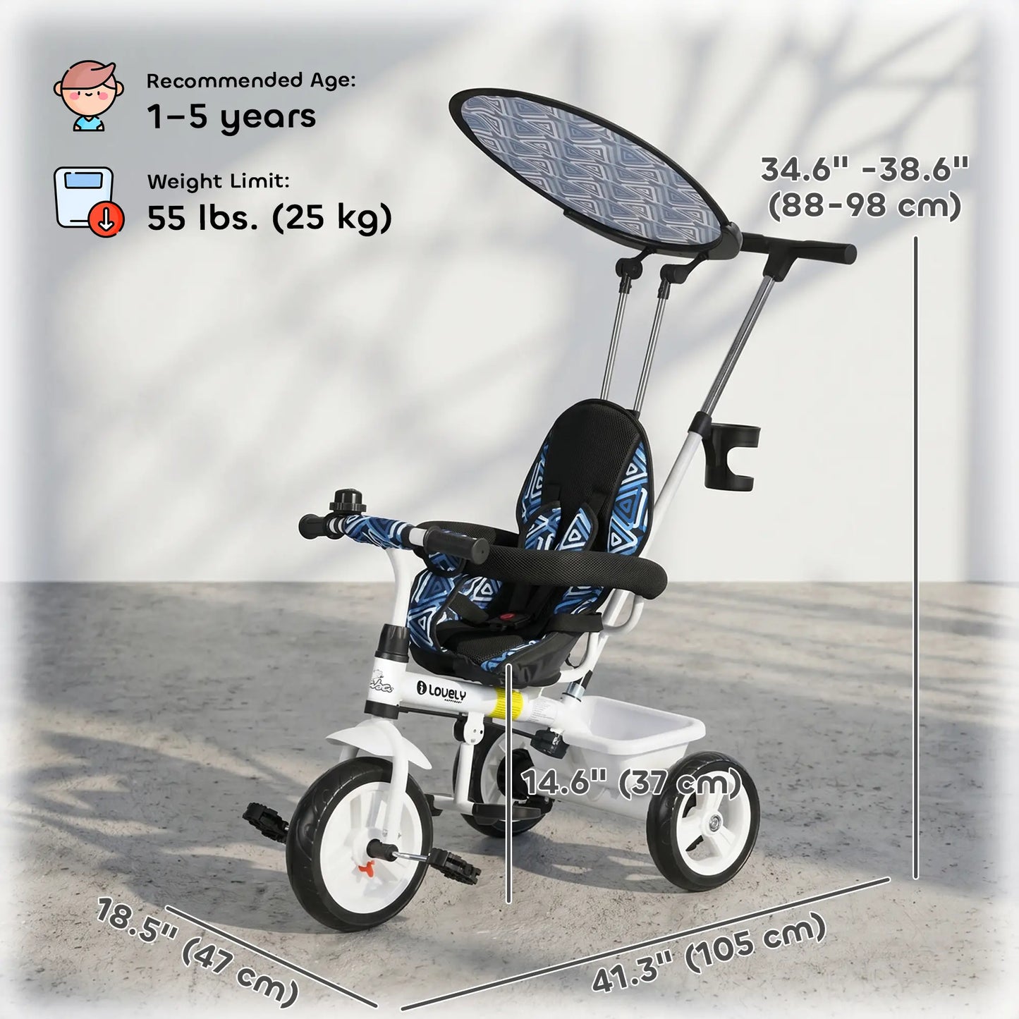 6 in 1 Kids Tricycle, Removable Handlebar, Canopy, Blue Tricycles for Kids at Gallery Canada