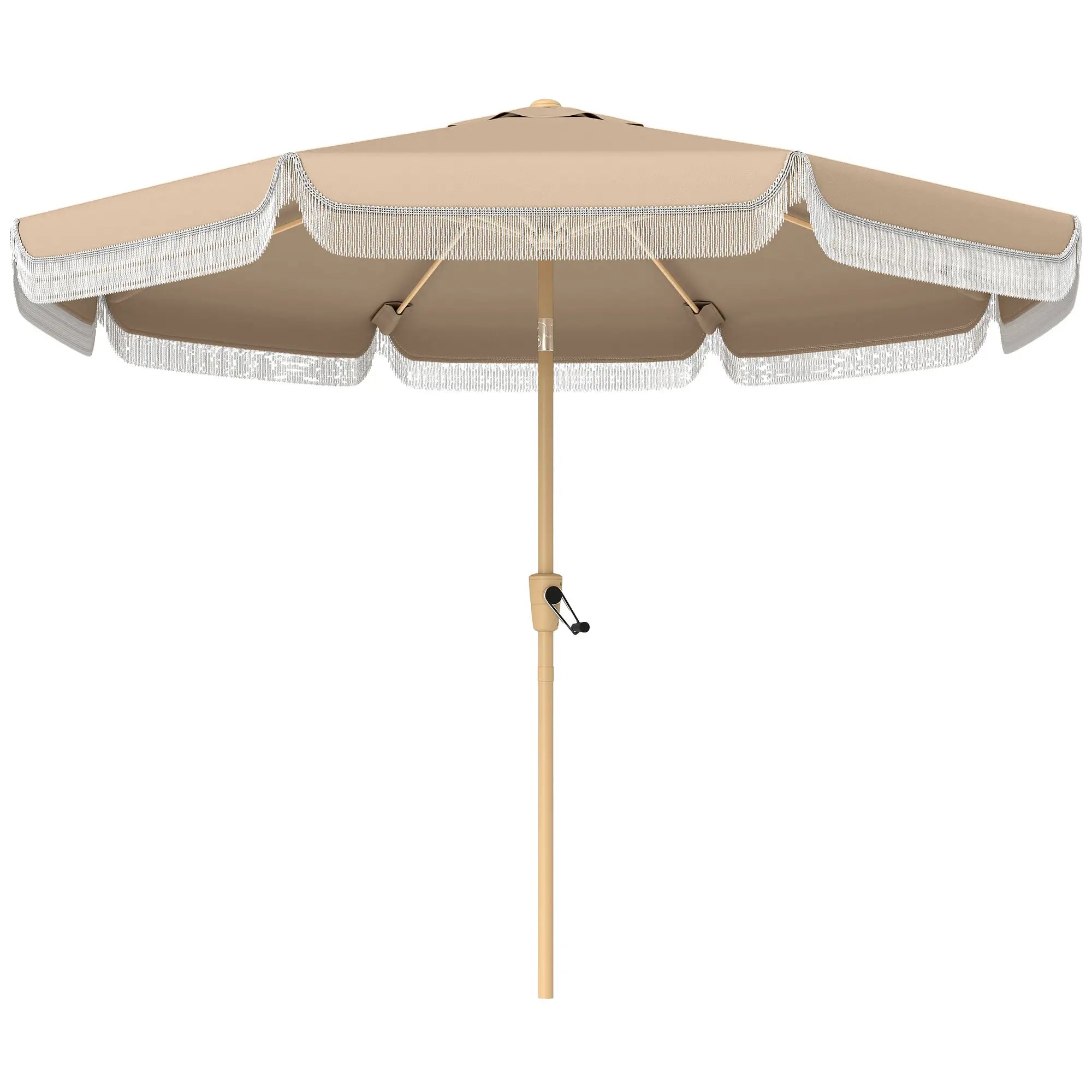 9 ft Patio Umbrella, Push Button Tilt Crank, Fringed Outdoor Market Table, Khaki Sun Umbrellas at Gallery Canada