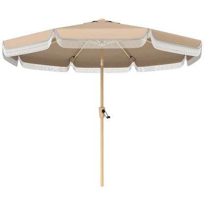 9 ft Patio Umbrella, Push Button Tilt Crank, Fringed Outdoor Market Table, Khaki Sun Umbrellas at Gallery Canada