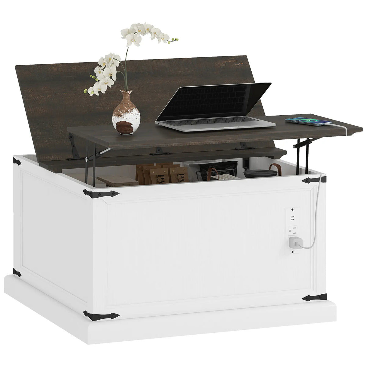 Lift Top Coffee Table, Square Farmhouse Center Table, White Wood Grain, White Coffee Tables at Gallery Canada