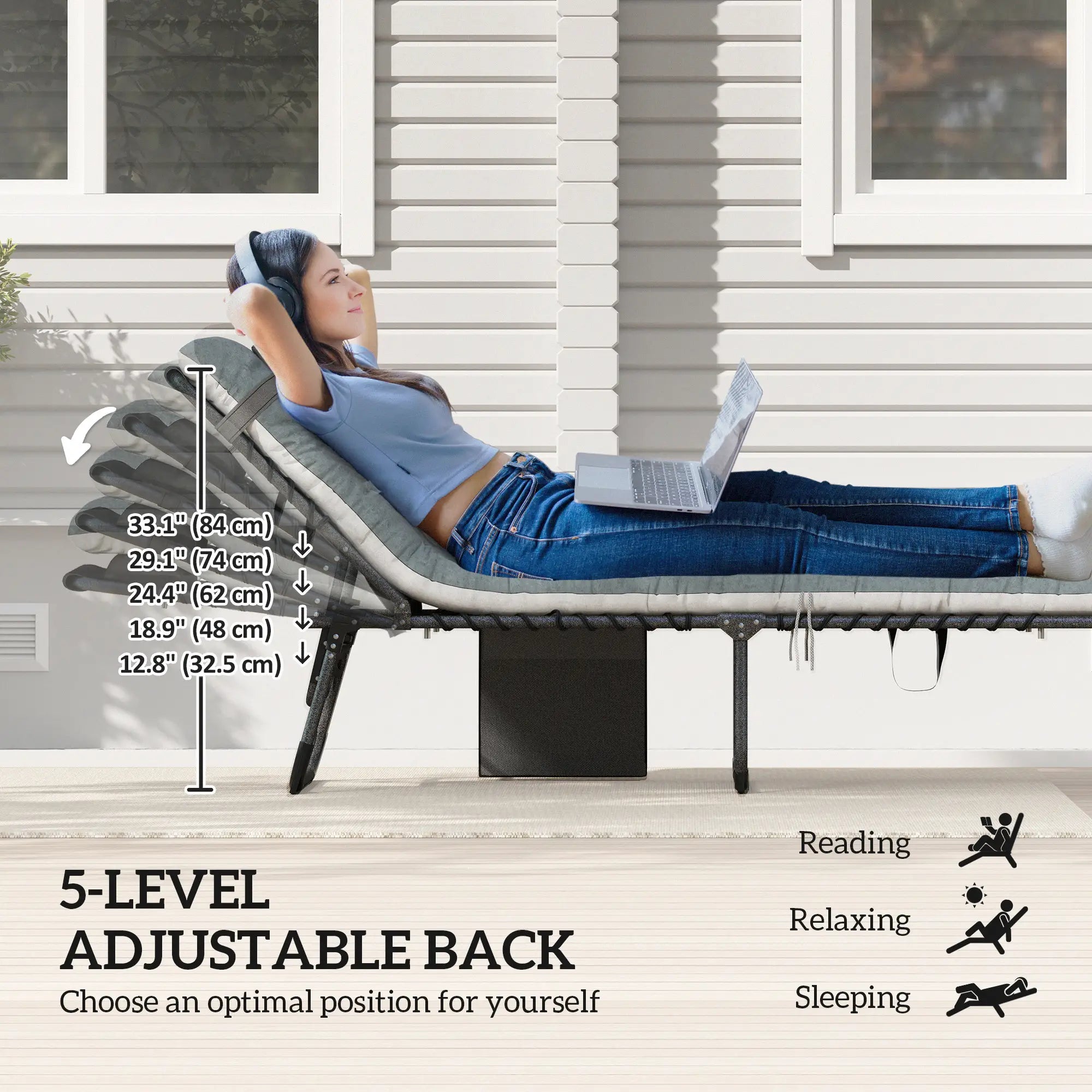 Folding Chaise Lounge Chair Set Of 2, With Cushion And Side Pocket, Grey Lounger Chairs at Gallery Canada