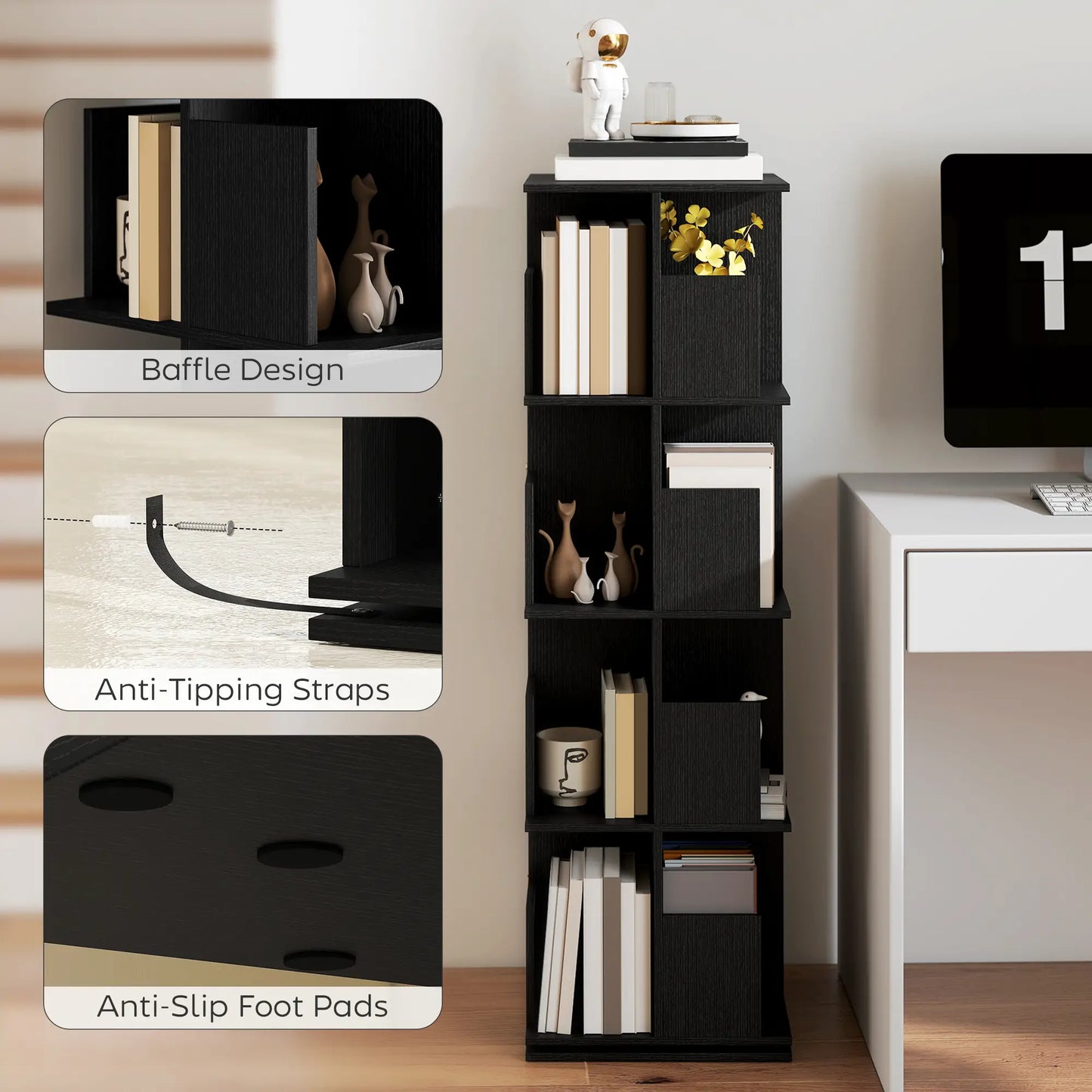 360° Rotating Bookcase, 4 Tier Bookshelf with 16 Cubbies, Black Wood Grain, Black Display Bookshelves at Gallery Canada