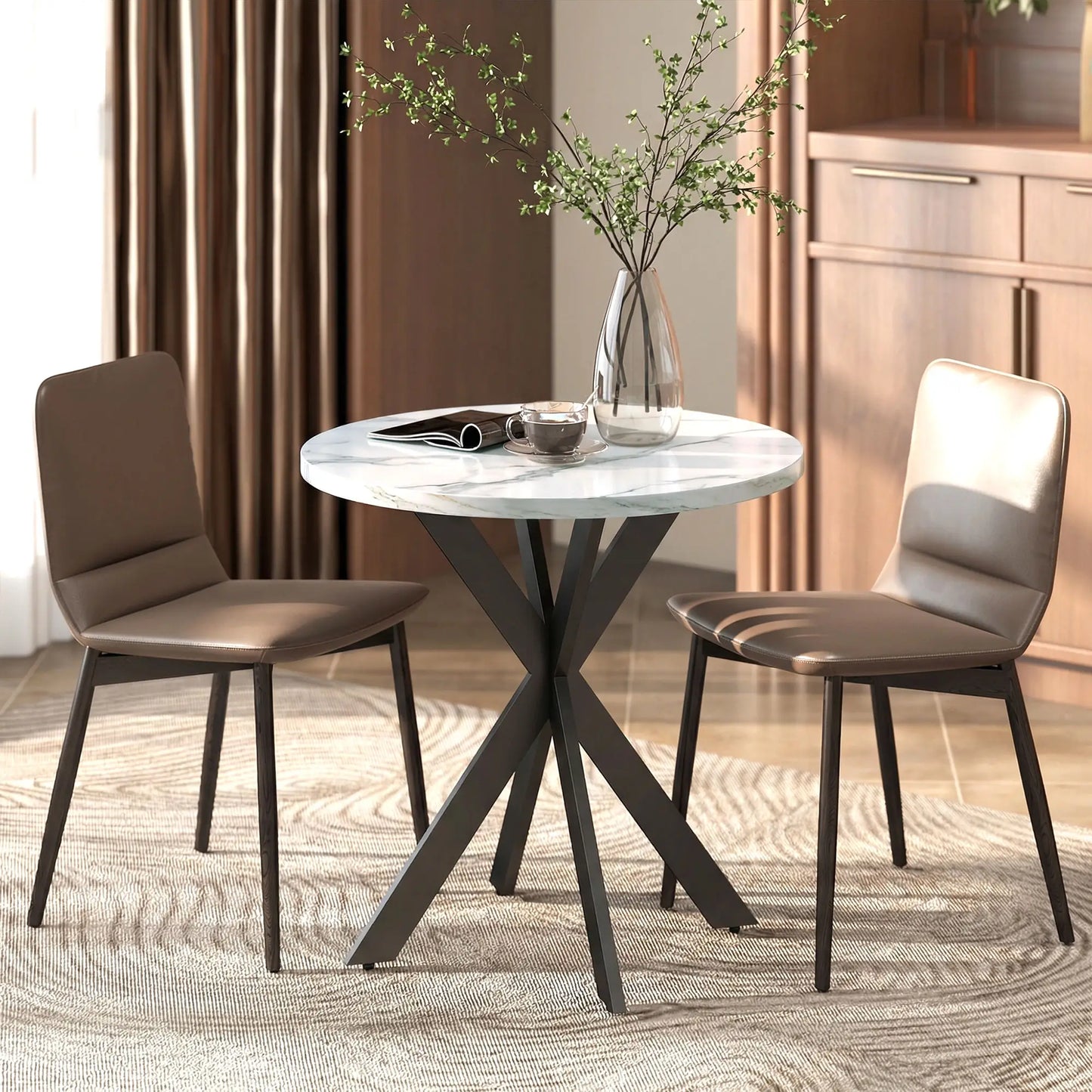 29" Round Dining Table, White Marble-Effect, Steel Legs, White Dining Tables at Gallery Canada