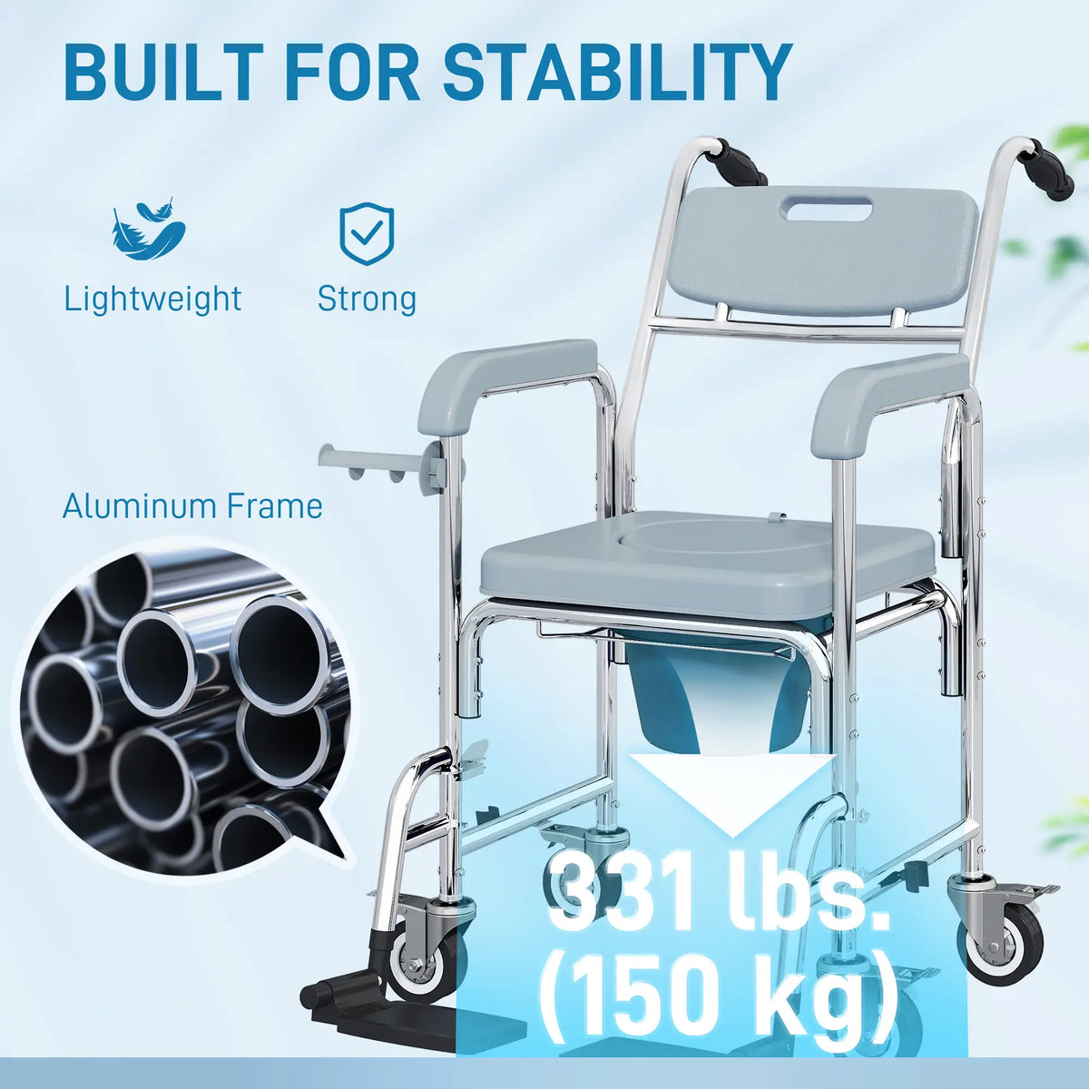 Rolling Shower Chair, Commode with Wheels, Backrest, Arms, Flip Footrests, Grey Bath Chairs at Gallery Canada