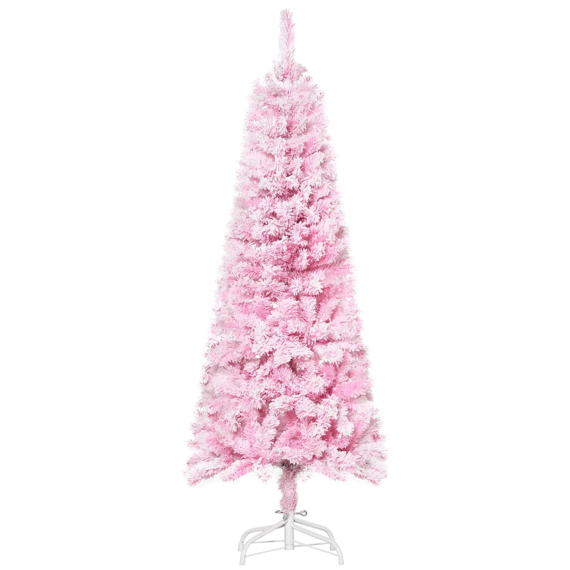 5 FT Snow Flocked Artificial Christmas Tree, Pencil Xmas Tree, Steel Base, Pink Artificial Christmas Trees Pink, White at Gallery Canada