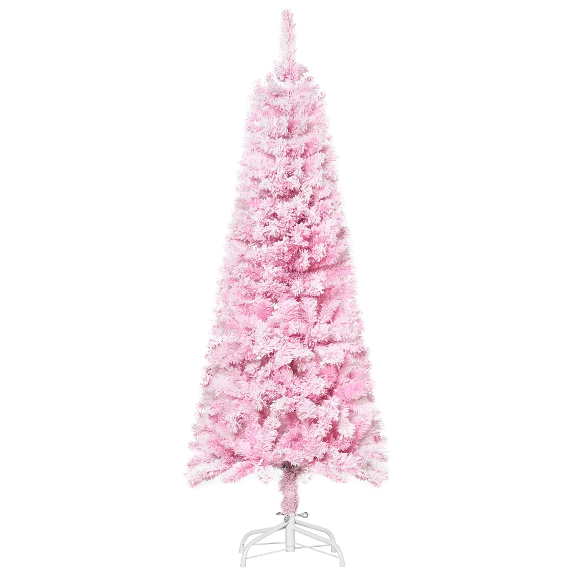 5 FT Snow Flocked Artificial Christmas Tree, Pencil Xmas Tree, Steel Base, Pink Artificial Christmas Trees Pink, White at Gallery Canada