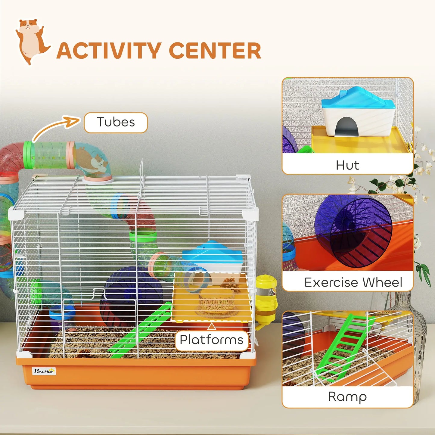 18"L Hamster Cage, 2-Level Small Animal House With Tube System, Orange