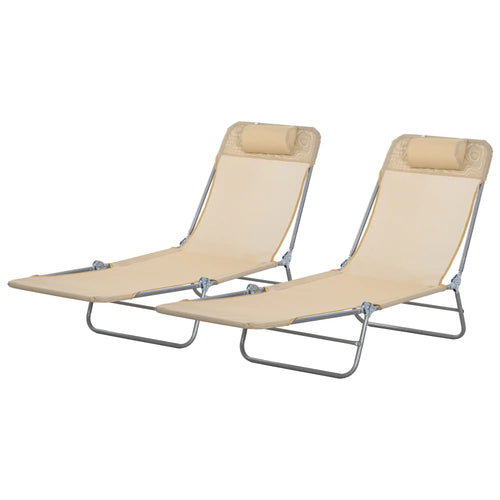Folding Outdoor Lounge Chair Set, 2 Reclining Tanning Chairs, 5-Position Adjustable Backrest, Brown