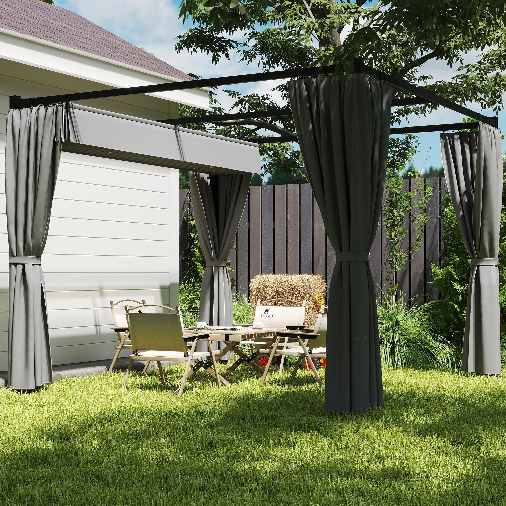 10' x 10' Retractable Pergola, Garden Gazebo with Curtains, Light Grey Pergolas at Gallery Canada