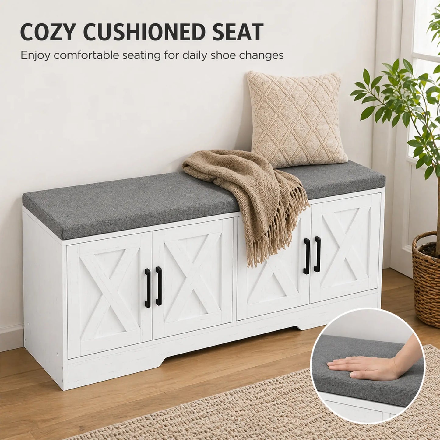 Shoe Bench With Cushion, Adjustable Shelves, White