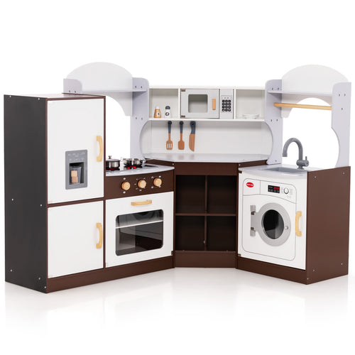 Toddler Kitchen Playset, Ice Maker Microwave Oven Sink Washing Machine, Brown