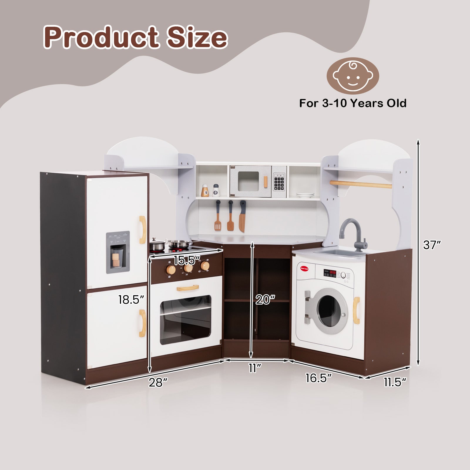 Toddler Kitchen Playset with Ice Maker Microwave Oven Sink and Washing Machine for Kids 3+ Years Old, Brown Play Kitchen Sets at Gallery Canada