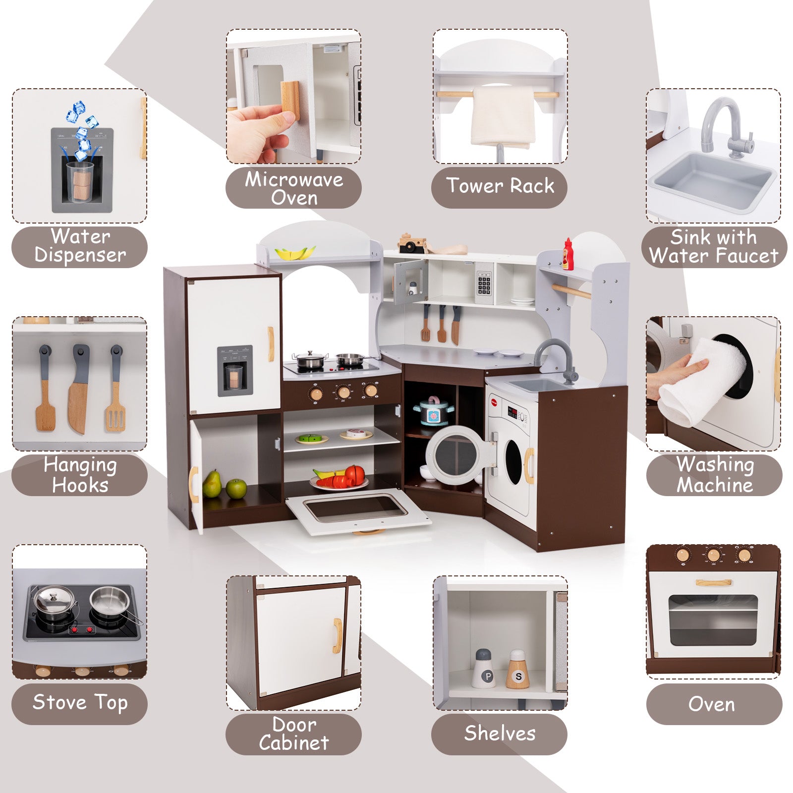 Toddler Kitchen Playset with Ice Maker Microwave Oven Sink and Washing Machine for Kids 3+ Years Old, Brown Play Kitchen Sets at Gallery Canada