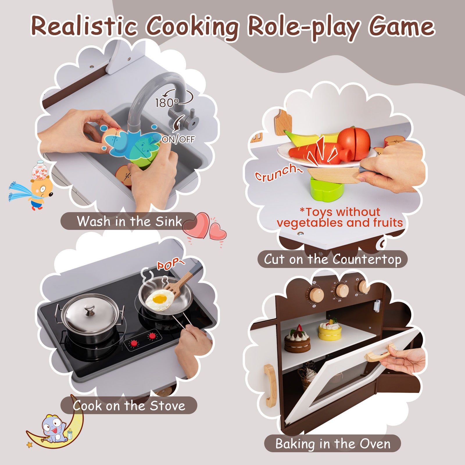 Toddler Kitchen Playset with Ice Maker Microwave Oven Sink and Washing Machine for Kids 3+ Years Old, Brown Play Kitchen Sets at Gallery Canada