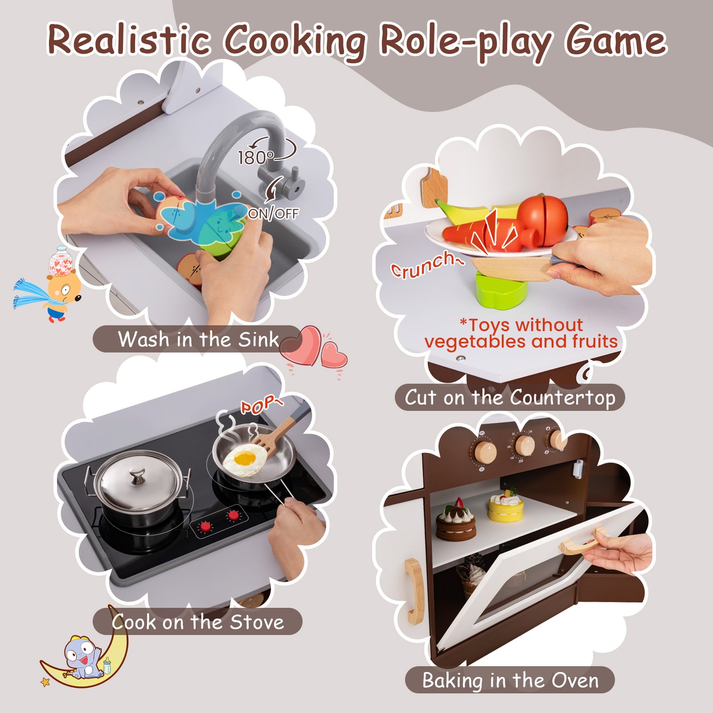 Toddler Kitchen Playset with Ice Maker Microwave Oven Sink and Washing Machine for Kids 3+ Years Old, Brown Play Kitchen Sets at Gallery Canada