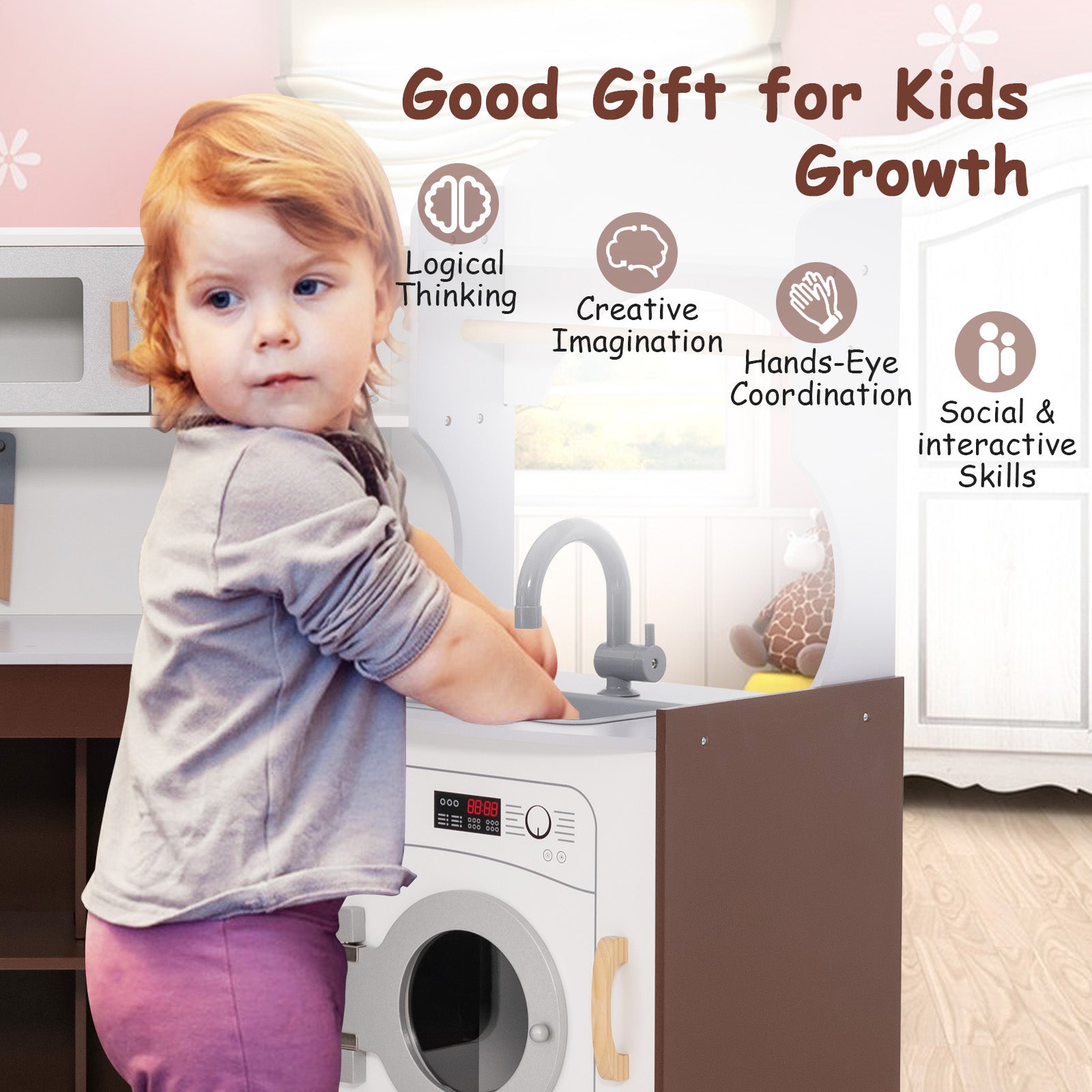 Toddler Kitchen Playset with Ice Maker Microwave Oven Sink and Washing Machine for Kids 3+ Years Old, Brown Play Kitchen Sets at Gallery Canada