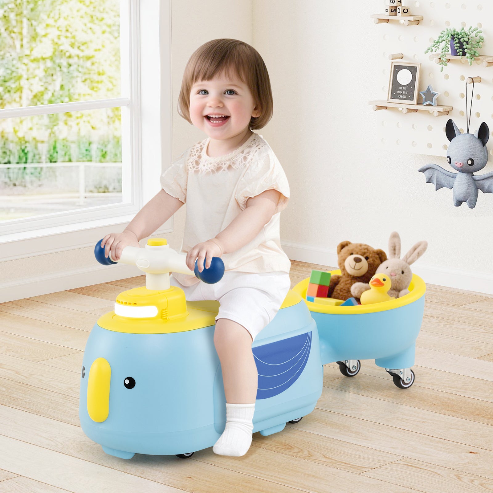 Toddler Ride on Toy with Trailer and Light Music, Blue Powered Ride On Toys at Gallery Canada