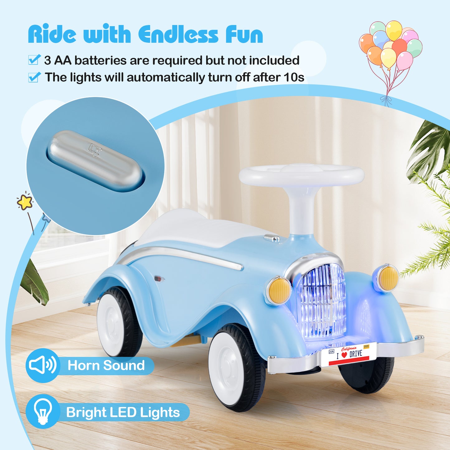 Toddler Ride on Toy Classic Sliding Car with Horn and LED Headlight, Blue Push & Pedal Ride On Toys at Gallery Canada
