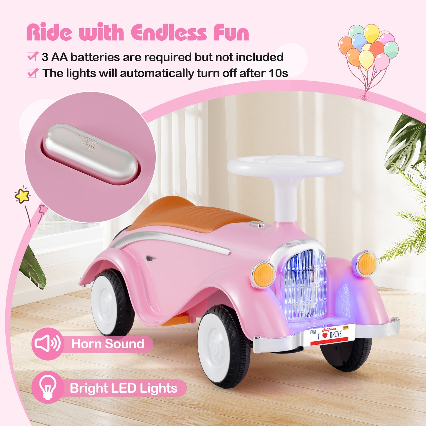 Toddler Ride on Toy Classic Sliding Car with Horn and LED Headlight, Pink Push & Pedal Ride On Toys at Gallery Canada