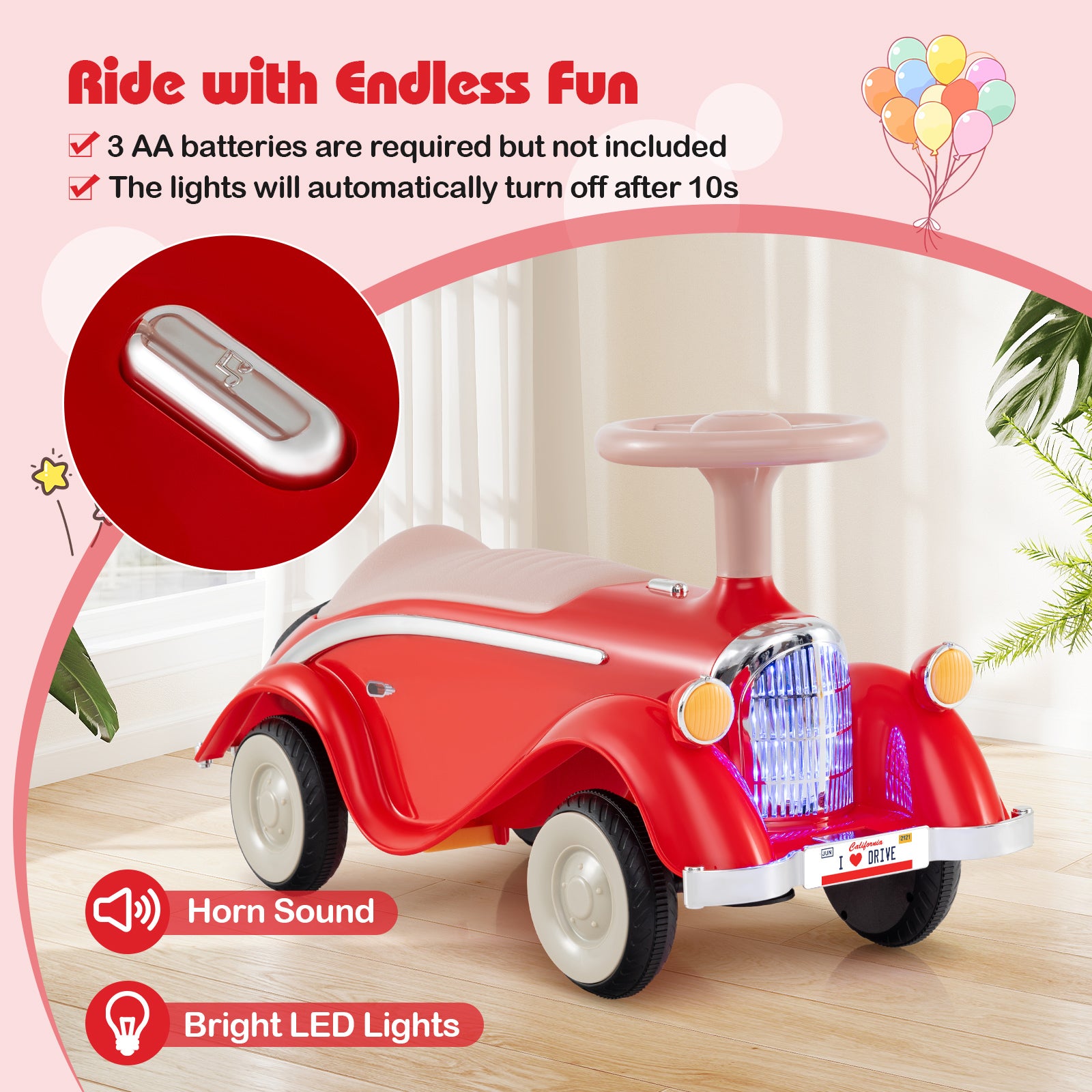 Toddler Ride on Toy Classic Sliding Car with Horn and LED Headlight, Red Push & Pedal Ride On Toys at Gallery Canada