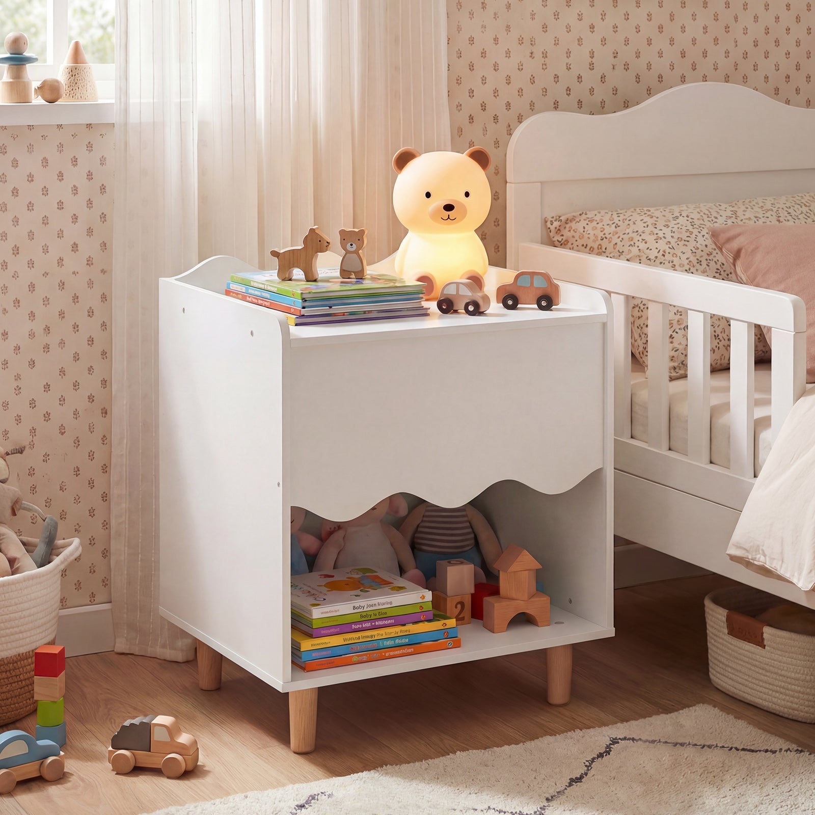 Toddler Scalloped Side Table, Wide Top Open Compartment, White Kids Storage at Gallery Canada