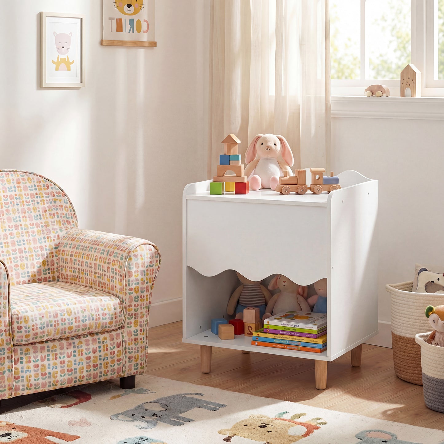 Toddler Scalloped Side Table, Wide Top Open Compartment, White Kids Storage at Gallery Canada