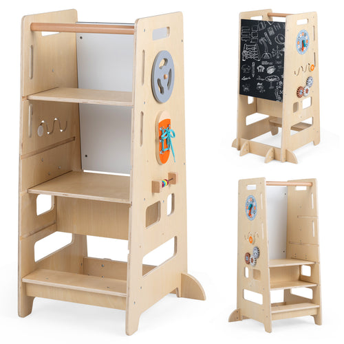 Toddler Standing Tower, Adjustable Height, Blackboard, Natural