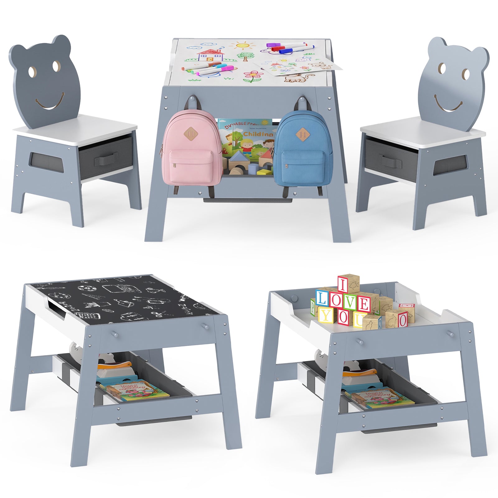 Toddler Table and 2 Chairs 5-in-1 Cute Art Desk Set with Reversible Chalkboard Whiteboard-Grey, Gray Kids Table & Chair Sets Gray at Gallery Canada