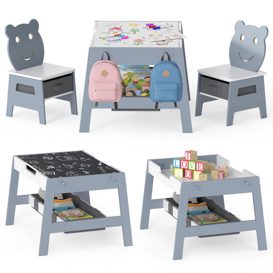 Toddler Table and 2 Chairs 5-in-1 Cute Art Desk Set with Reversible Chalkboard Whiteboard-Grey, Gray Kids Table & Chair Sets Gray at Gallery Canada