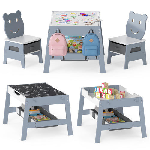 Toddler Table and 2 Chairs 5-in-1 Cute Art Desk Set with Reversible Chalkboard Whiteboard-Grey, Gray