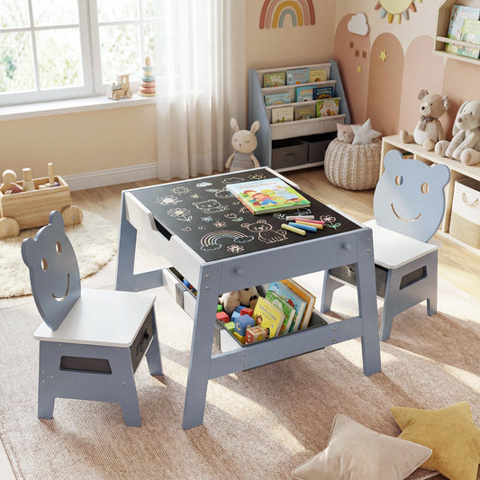 Toddler Table and 2 Chairs 5-in-1 Cute Art Desk Set with Reversible Chalkboard Whiteboard-Grey, Gray Kids Table & Chair Sets Gray at Gallery Canada