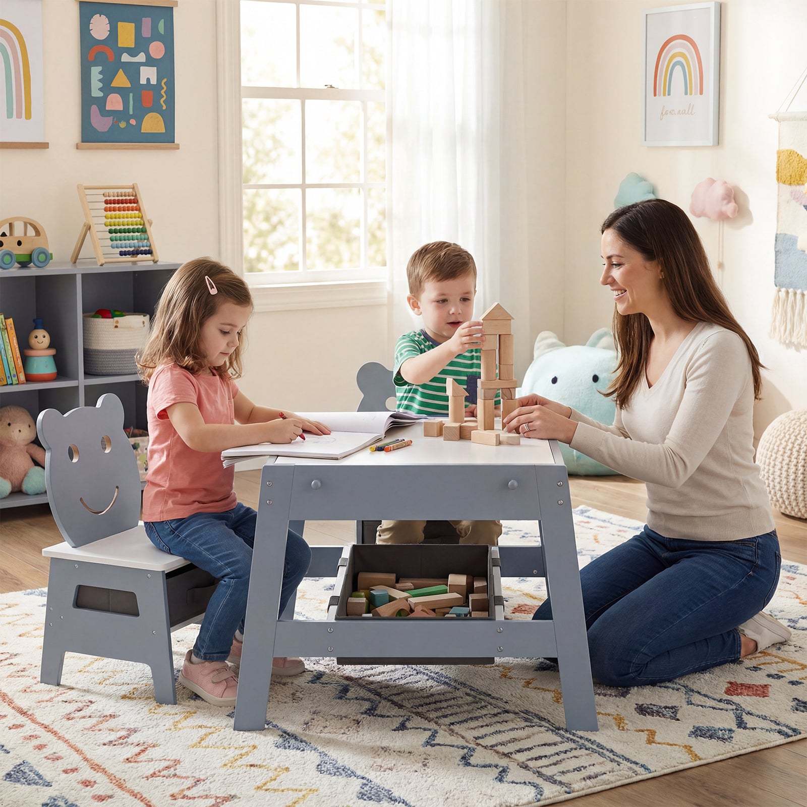 Toddler Table and 2 Chairs 5-in-1 Cute Art Desk Set with Reversible Chalkboard Whiteboard-Grey, Gray Kids Table & Chair Sets at Gallery Canada