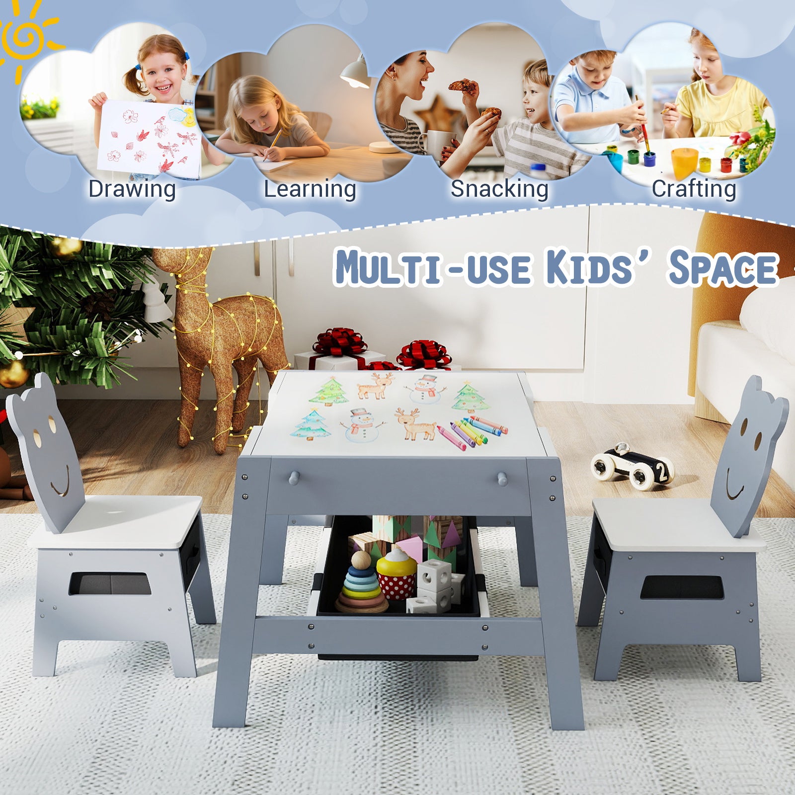 Toddler Table and 2 Chairs 5-in-1 Cute Art Desk Set with Reversible Chalkboard Whiteboard-Grey, Gray Kids Table & Chair Sets at Gallery Canada