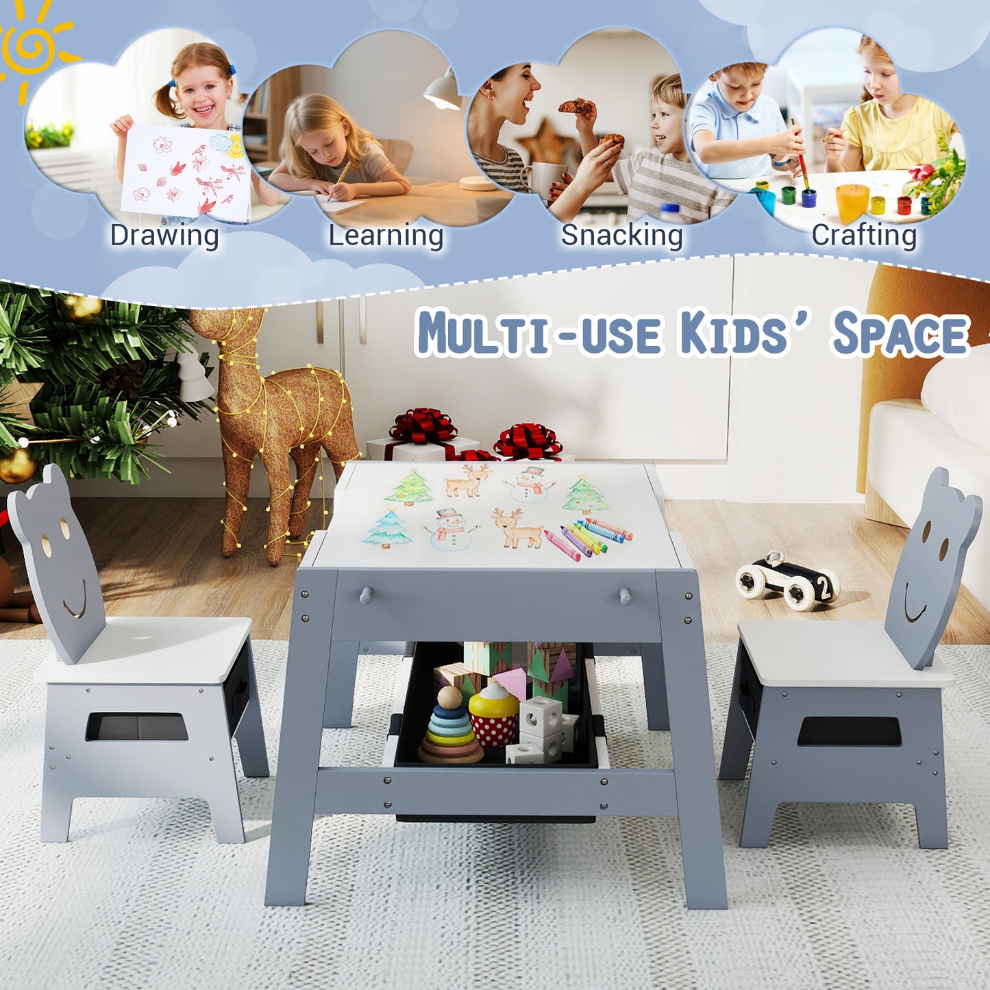 Toddler Table and 2 Chairs 5-in-1 Cute Art Desk Set with Reversible Chalkboard Whiteboard-Grey, Gray Kids Table & Chair Sets at Gallery Canada