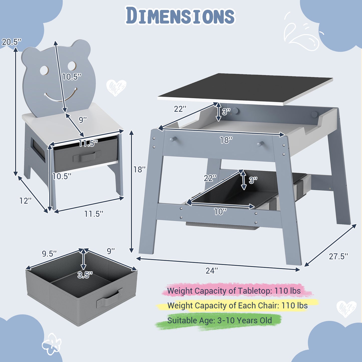 Toddler Table and 2 Chairs 5-in-1 Cute Art Desk Set with Reversible Chalkboard Whiteboard-Grey, Gray Kids Table & Chair Sets at Gallery Canada