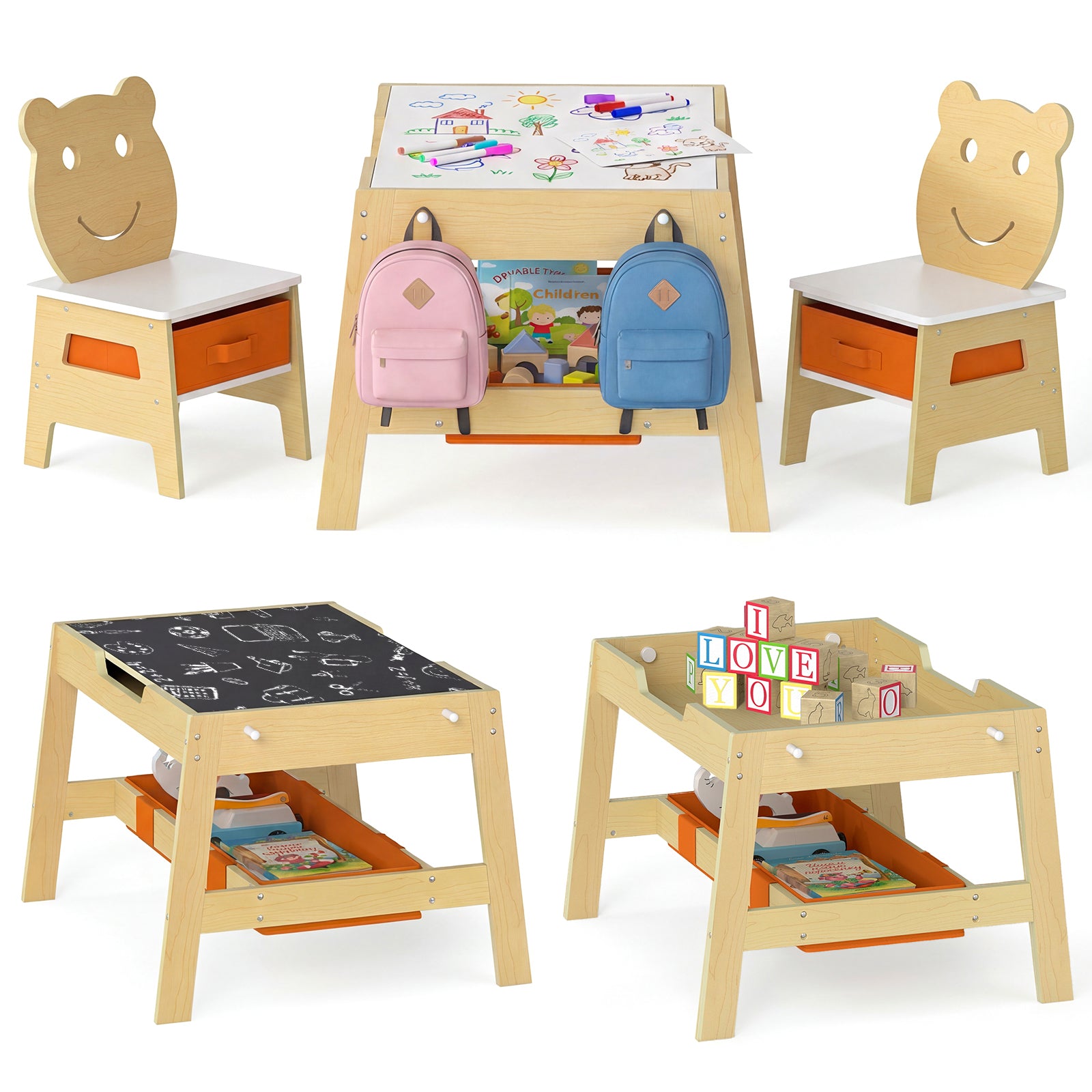 Toddler Table and 2 Chairs 5-in-1 Cute Art Desk Set with Reversible Chalkboard Whiteboard, Natural Kids Table & Chair Sets at Gallery Canada