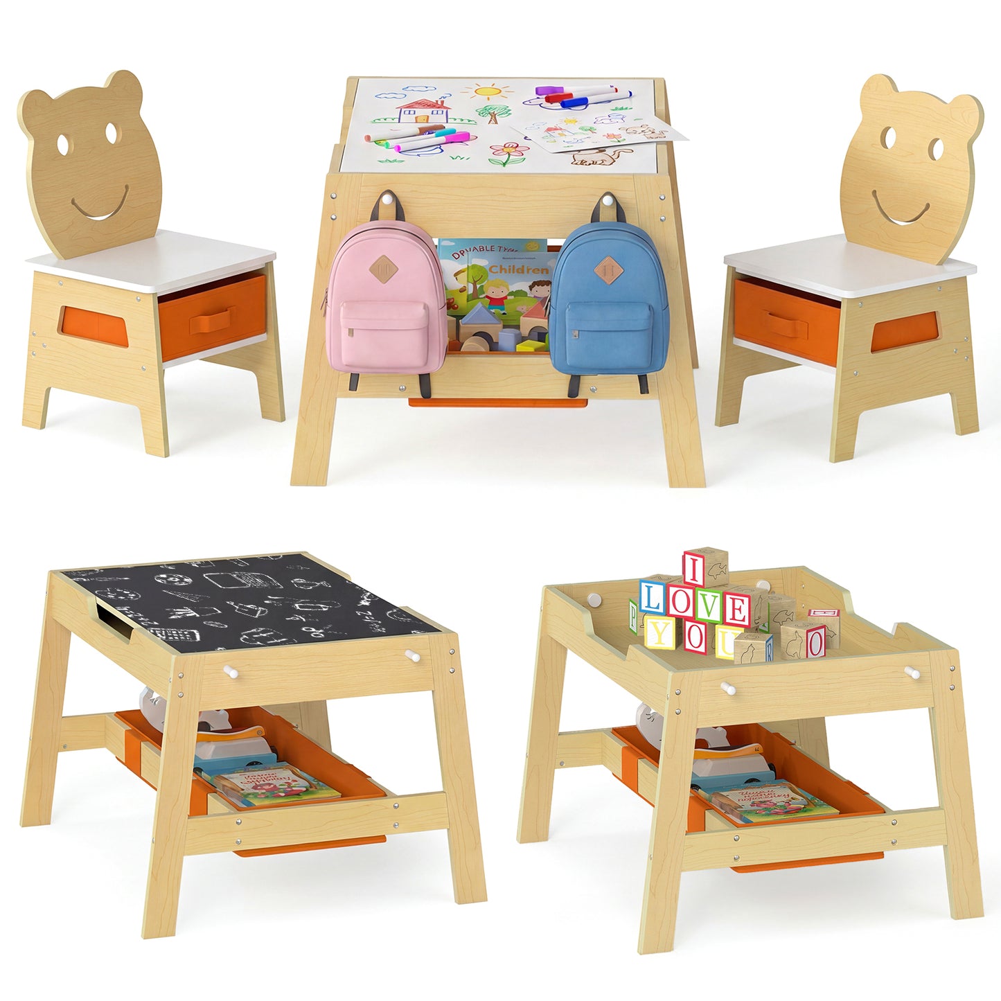 Toddler Table and 2 Chairs 5-in-1 Cute Art Desk Set with Reversible Chalkboard Whiteboard, Natural Kids Table & Chair Sets at Gallery Canada