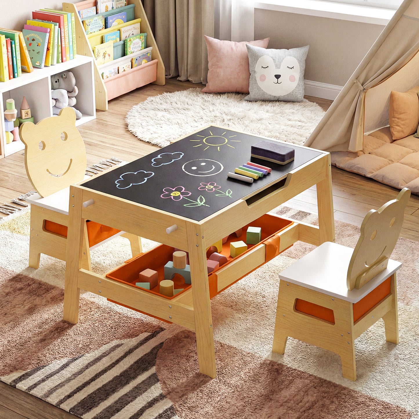 Toddler Table and 2 Chairs 5-in-1 Cute Art Desk Set with Reversible Chalkboard Whiteboard, Natural Kids Table & Chair Sets at Gallery Canada