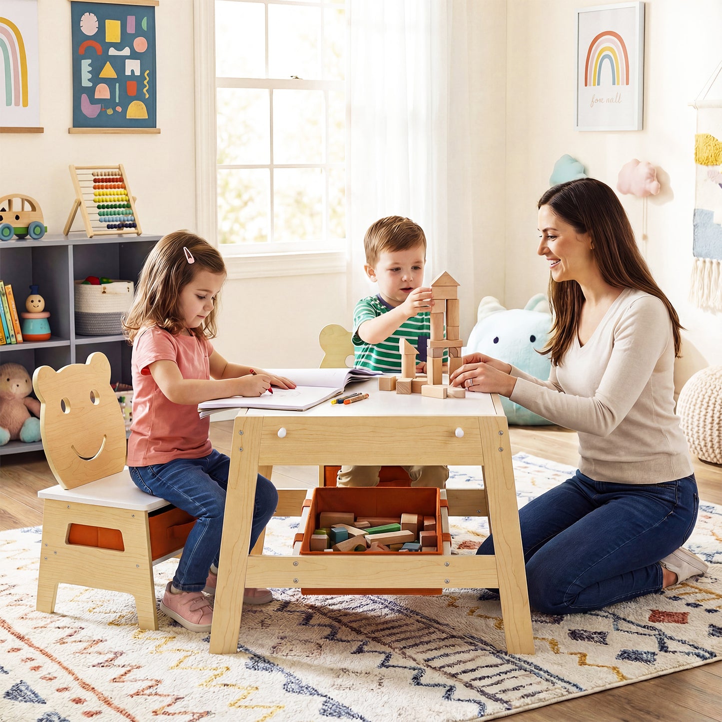 Toddler Table and 2 Chairs 5-in-1 Cute Art Desk Set with Reversible Chalkboard Whiteboard, Natural Kids Table & Chair Sets at Gallery Canada