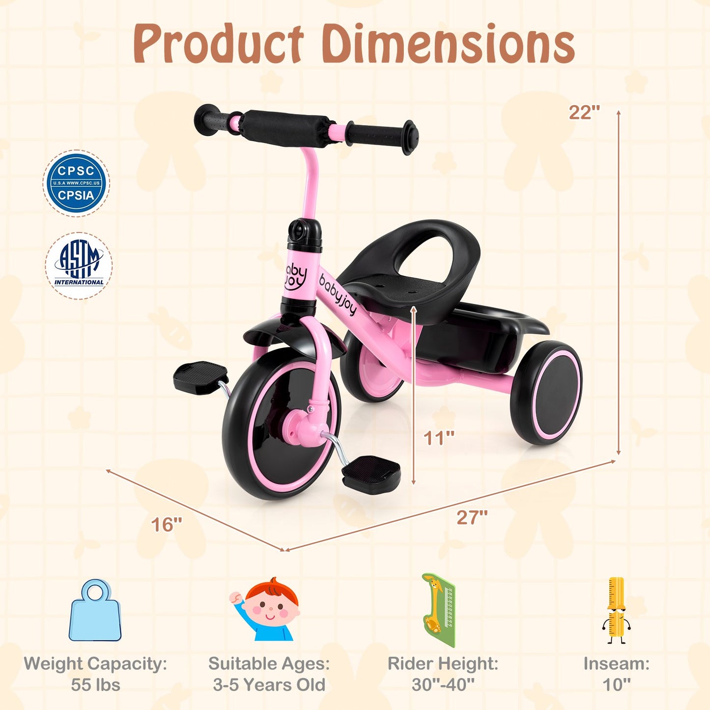 Toddler Tricycle Kids Trike with Adjustable Seat and Storage Basket Aged 3-5 Years Old, Pink Push & Pedal Ride On Toys at Gallery Canada