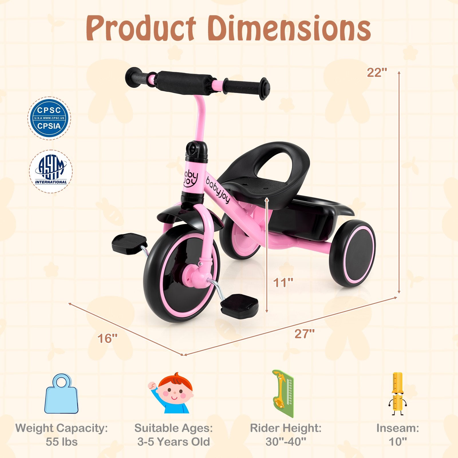 Toddler Tricycle Kids Trike with Adjustable Seat and Storage Basket Aged 3-5 Years Old, Pink Push & Pedal Ride On Toys at Gallery Canada