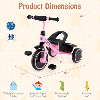 Toddler Tricycle Kids Trike with Adjustable Seat and Storage Basket Aged 3-5 Years Old, Pink Push & Pedal Ride On Toys at Gallery Canada