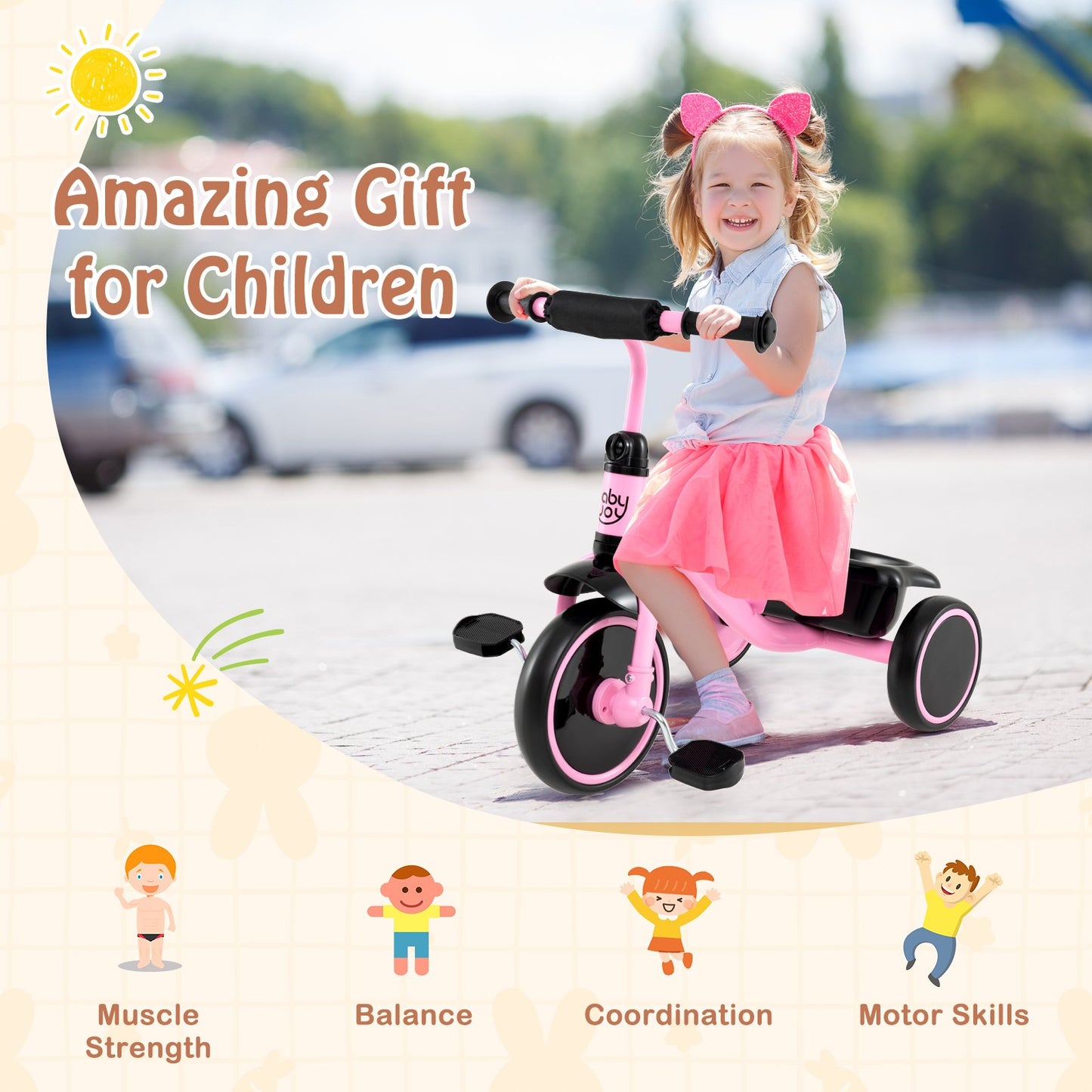 Toddler Tricycle Kids Trike with Adjustable Seat and Storage Basket Aged 3-5 Years Old, Pink Push & Pedal Ride On Toys at Gallery Canada