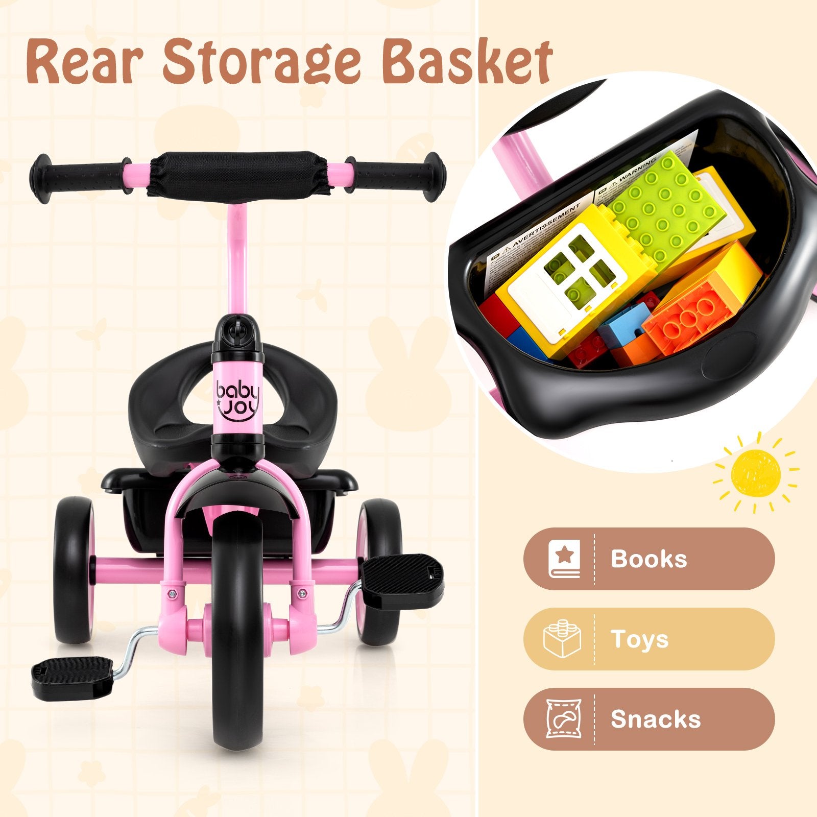Toddler Tricycle Kids Trike with Adjustable Seat and Storage Basket Aged 3-5 Years Old, Pink Push & Pedal Ride On Toys at Gallery Canada