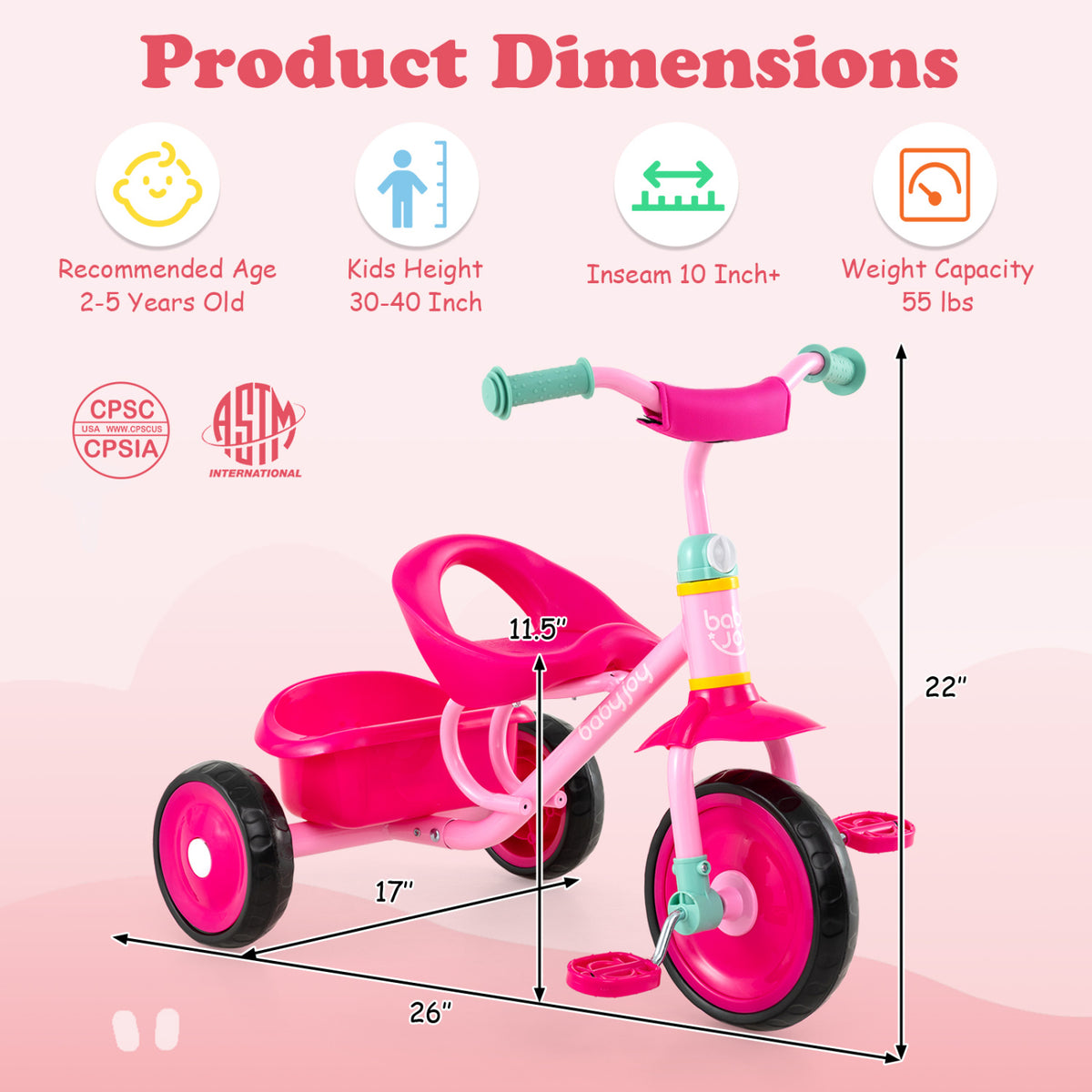Toddler Tricycle Kids 2-5 Years, Removable Rear Basket, Pink Push & Pedal Ride On Toys at Gallery Canada