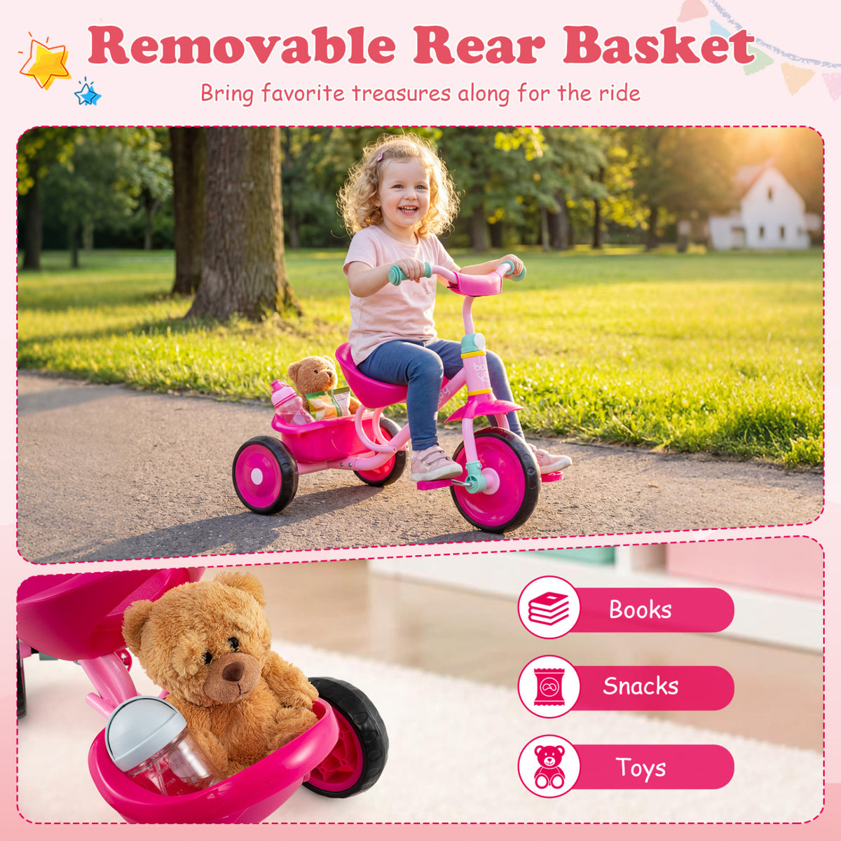 Toddler Tricycle Kids 2-5 Years, Removable Rear Basket, Pink Push & Pedal Ride On Toys at Gallery Canada