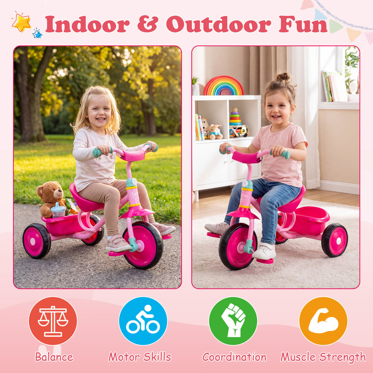 Toddler Tricycle Kids 2-5 Years, Removable Rear Basket, Pink Push & Pedal Ride On Toys at Gallery Canada