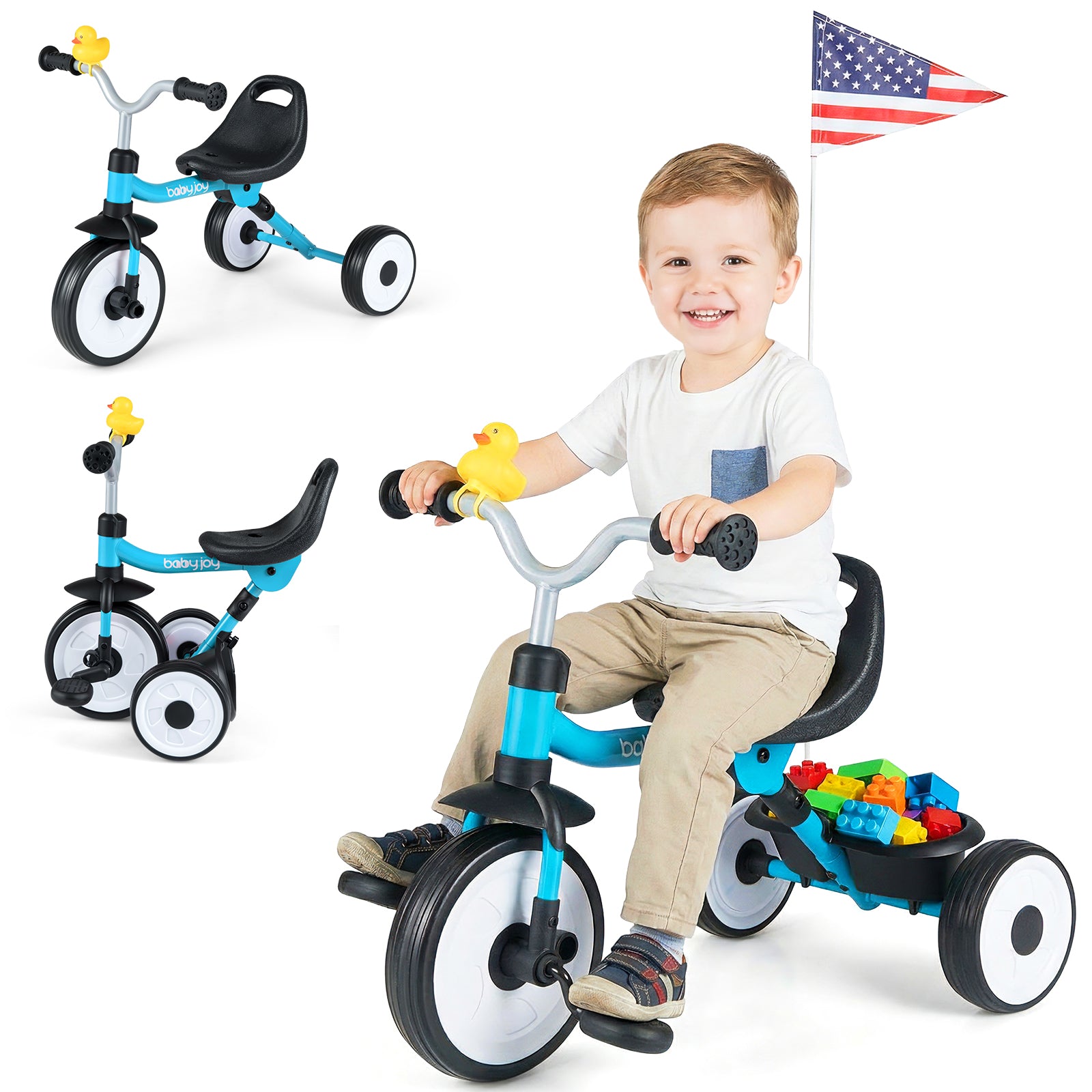 Toddler Tricycle With Seat And Storage Basket, Blue Push & Pedal Ride On Toys Blue at Gallery Canada